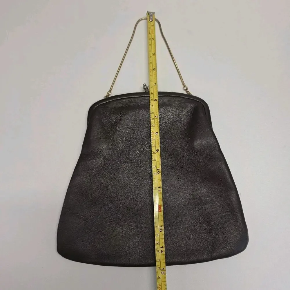 Vintage Hopper Kiss Lock Handbag Brown Leather Frame Clutch Purse 60s USA Made